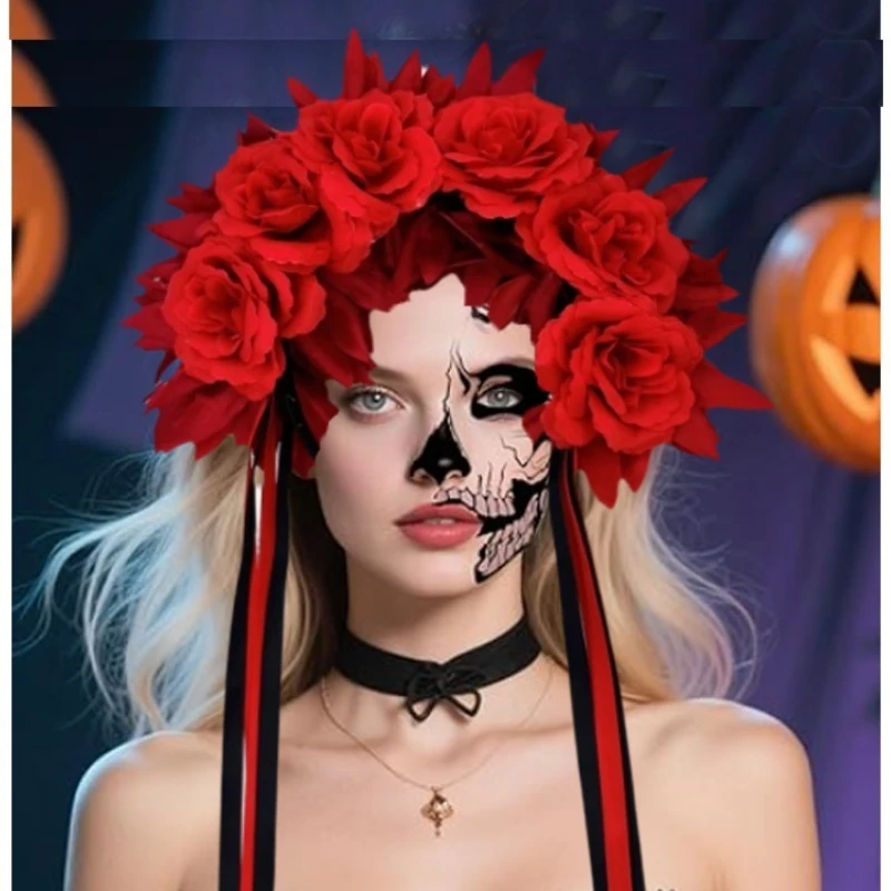 

Женская мексиканская повязка на голову с изображением Дня мертвых, головной убор с цветочной короной для вечеринки на Хэллоуин, Día de los Muertos