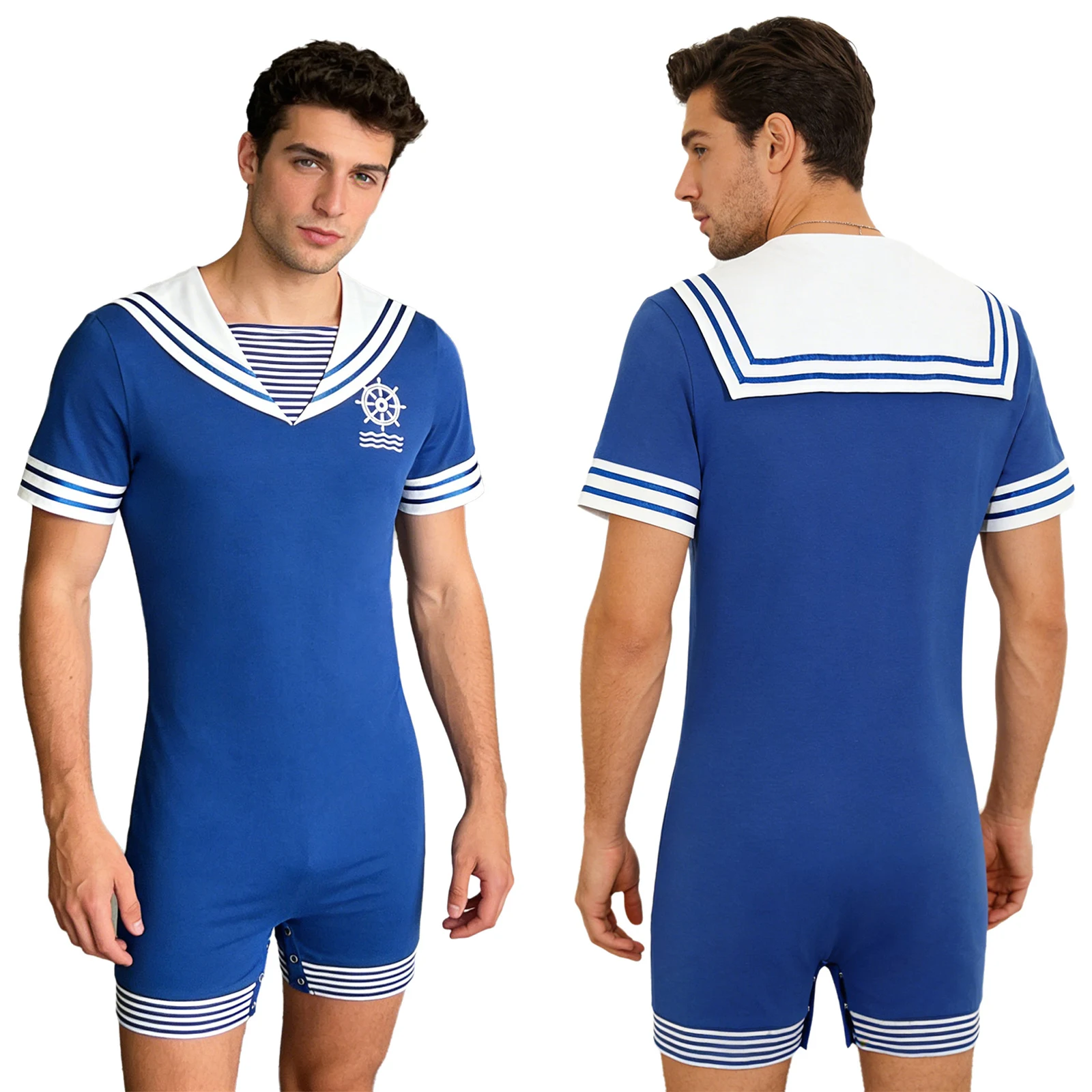 Men Navy Collar Rompers for Halloween Sailor Cosplay Costumes Short Sleeve Press Buttons Crotch Jumpsuit for Rave Party Clubwear view 3