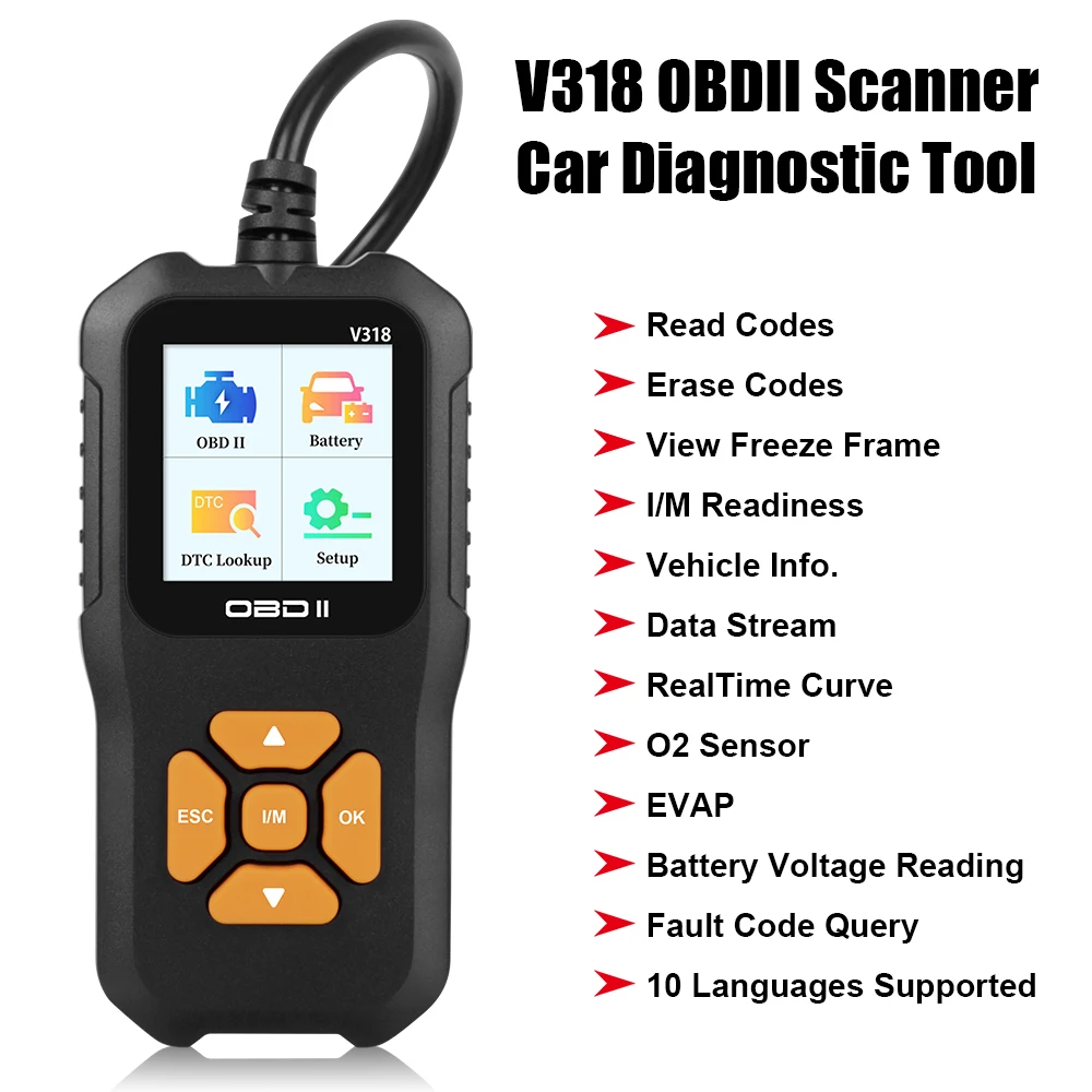 Car Diagnostic Tool OBD2 Scanner Check Engine System V318 Multi-language Battery Tester Code Reader Clear/Erase Codes