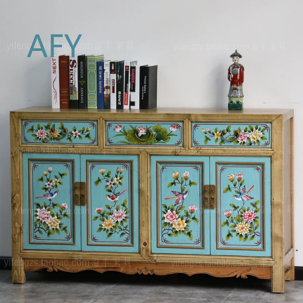 Hand-painted Retro-style Modern Chinese Solid Wood Sideboard Cabinet for Entryway Storage Tea Kitchen Use
