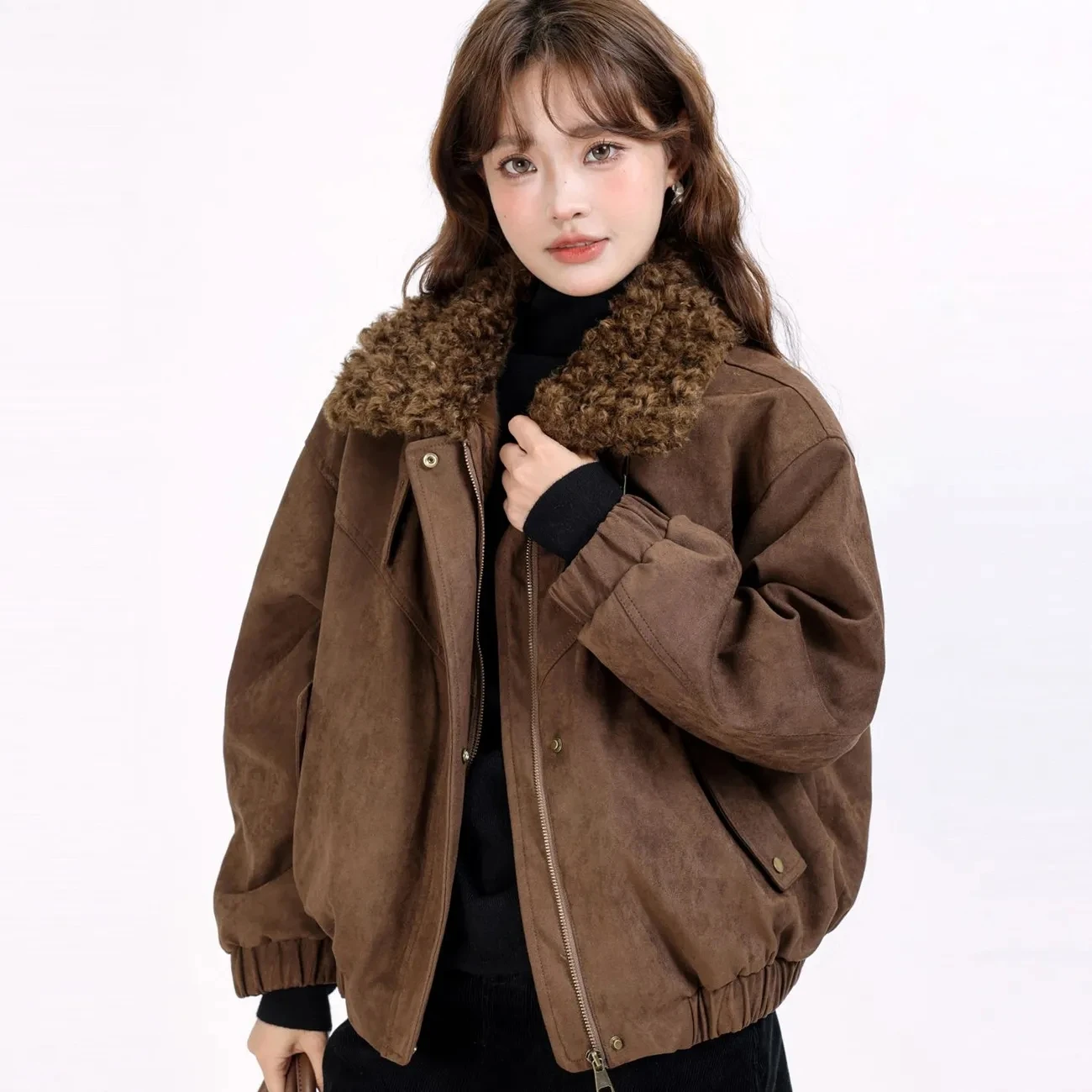 

Imitation Deer skin velvet Women's Short Jacket 2026 Winter Velvet Thicken Lamb wool collar Short Coat Lady Warm Zipper Jackets