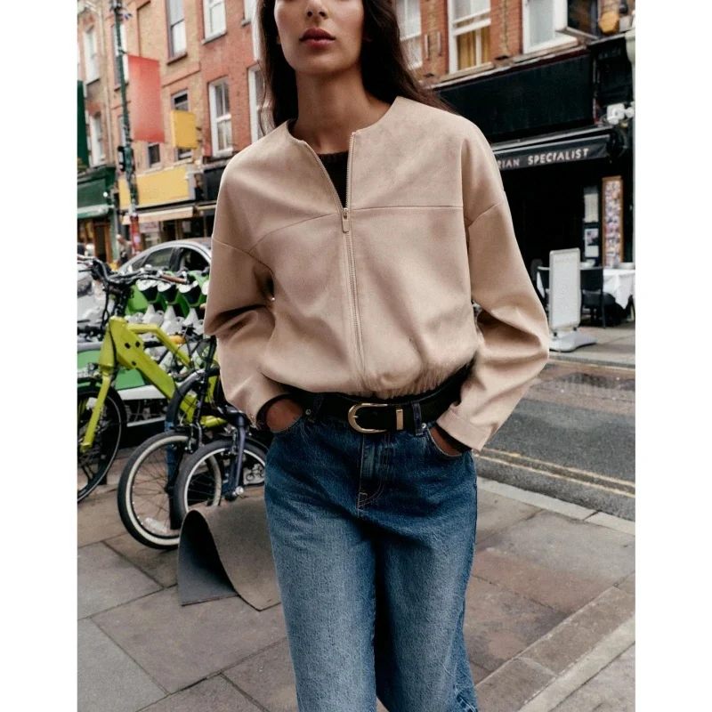 가을 신상 여성용 롱 슬리브 라운드 넥 지퍼 인조 스웨이드 효과 자켓 아우터웨어 통기성 루즈핏