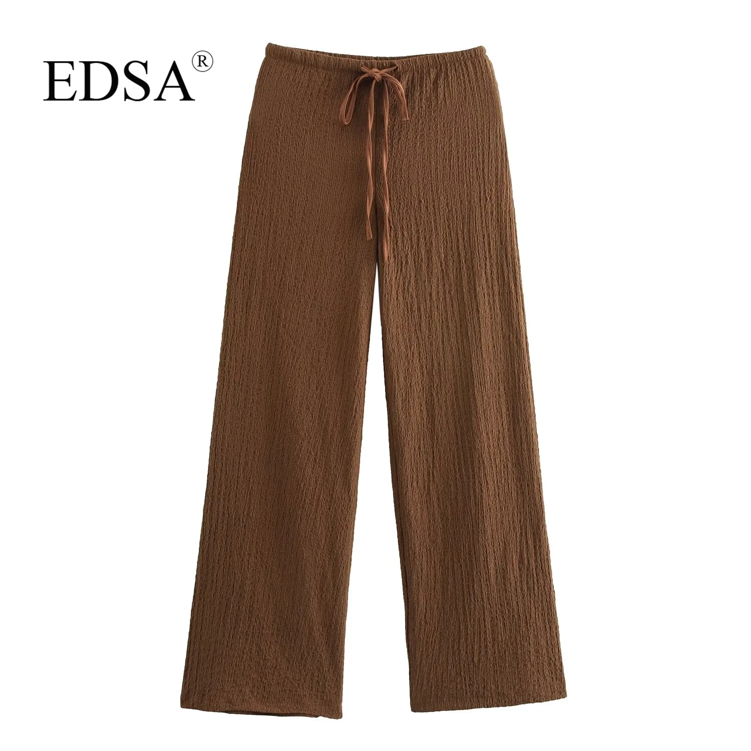 EDSA Women 2 Pcs Set V-Neck Single Breasted Solid Texture Casual Vest Top+High-Waisted Drawstring Wide Leg Pants