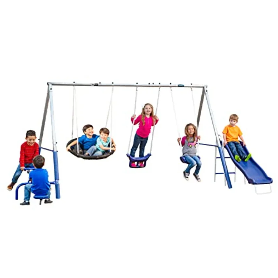 

Free N Swing - 7 User/ 5 Station Swing Set Outdoor for with 5' Slide. Easy Assembly Playground Set with Galvanized Metal Frame