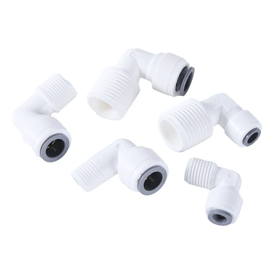 10 pcs 90-degree elbow quick-connect fittings for RO systems with male and female threaded ends in 1/4 inch and 3/8 inch sizes m