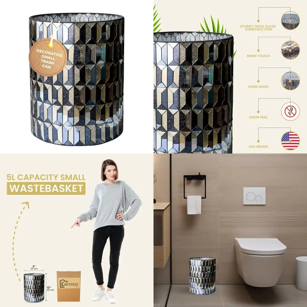 

Mosaic Glass Decorative Small Bathroom Trash Can 6L Luxury Waste Basket for Restroom, Elegant Garbage Can 8x10 Inches