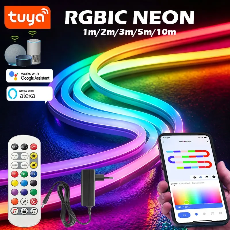 TUYA Addressable Neon LED Strip Lights RGBIC Neon Rope Light with Music Sync RGBIC Dreamcolor Chasing Strip Tape for Home Room