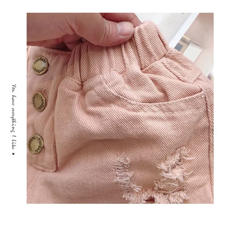 Kids Denim Shorts Pants Jeans For Girls Summer Fashion Cotton Hole Ruffles Shorts Child Clothes Solid Pocket High Quality 4Years