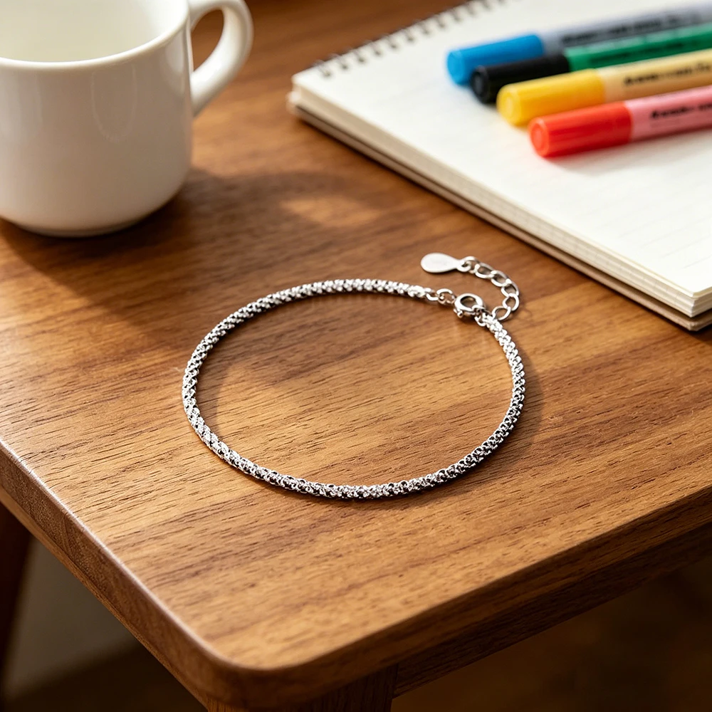 925 Sterling Silver Sparkle Flat Chain Bracelet Minimalist Shiny Bling Fine Wrist Jewelry For Women Daily Wear