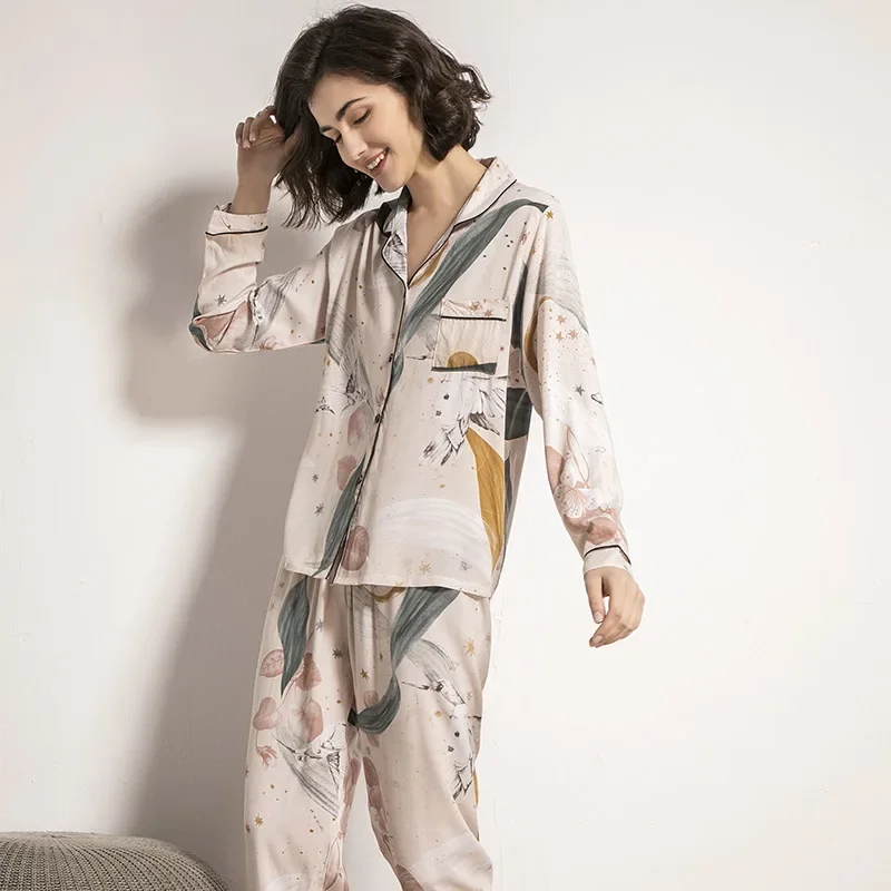 

2024 New Spring Starry Sky Floral Printed Women Pajamas Set Comfort Viscose Full Sleeve Homewear Ladies Tender Casual Wear For