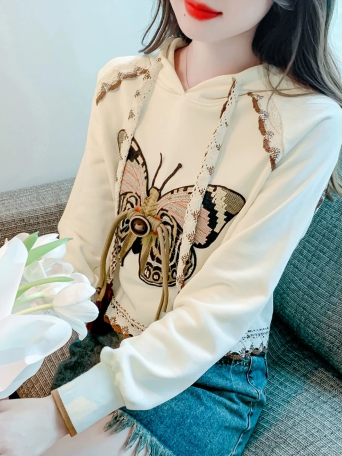 

Hooded ort Sweatirt Women's Sle 2026 New ular Spring Autumn Embroidery Long Sve Top Sweet Sle Loose Fit