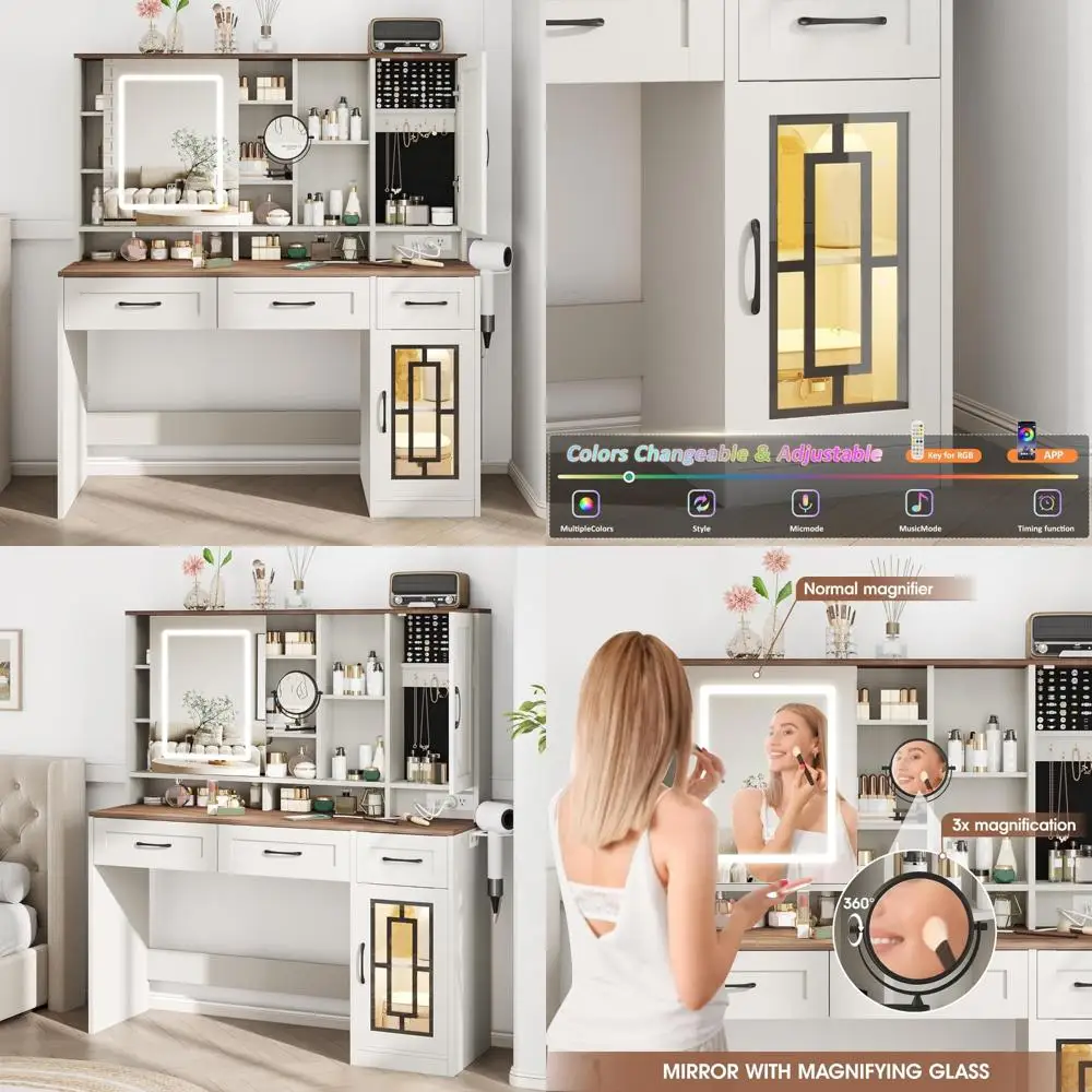 illuminated makeup desk with storage drawers and jewelry cabinet for bedroom dressing