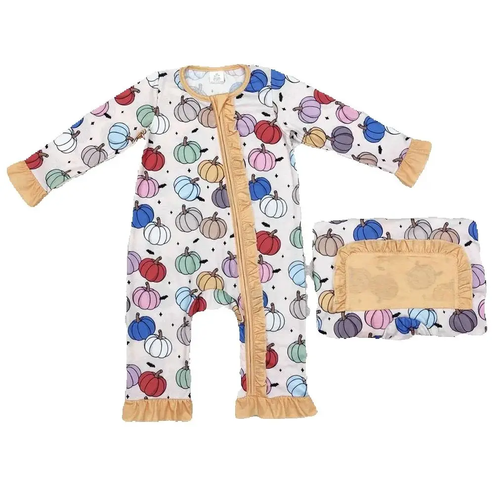 

Boutique Baby Infant Girls Rompers Colorful Pumpkin Fall Bamboo Zip Rompers Halloween Toddler Girls Rompers Long Sleeve Rompers
