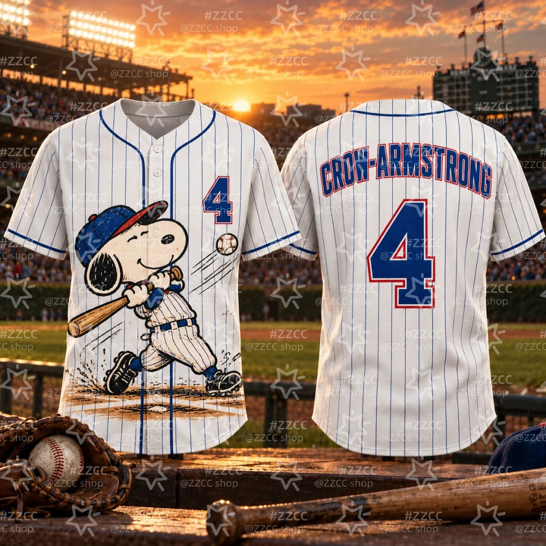 Men CROW-ARMSTRONG #4 Baseball Jersey Snoopy Button Down Short Sleeve Shirt Cartoon Sport Fan Game Day Jersey Kids Tshirt  ﻿ ﻿