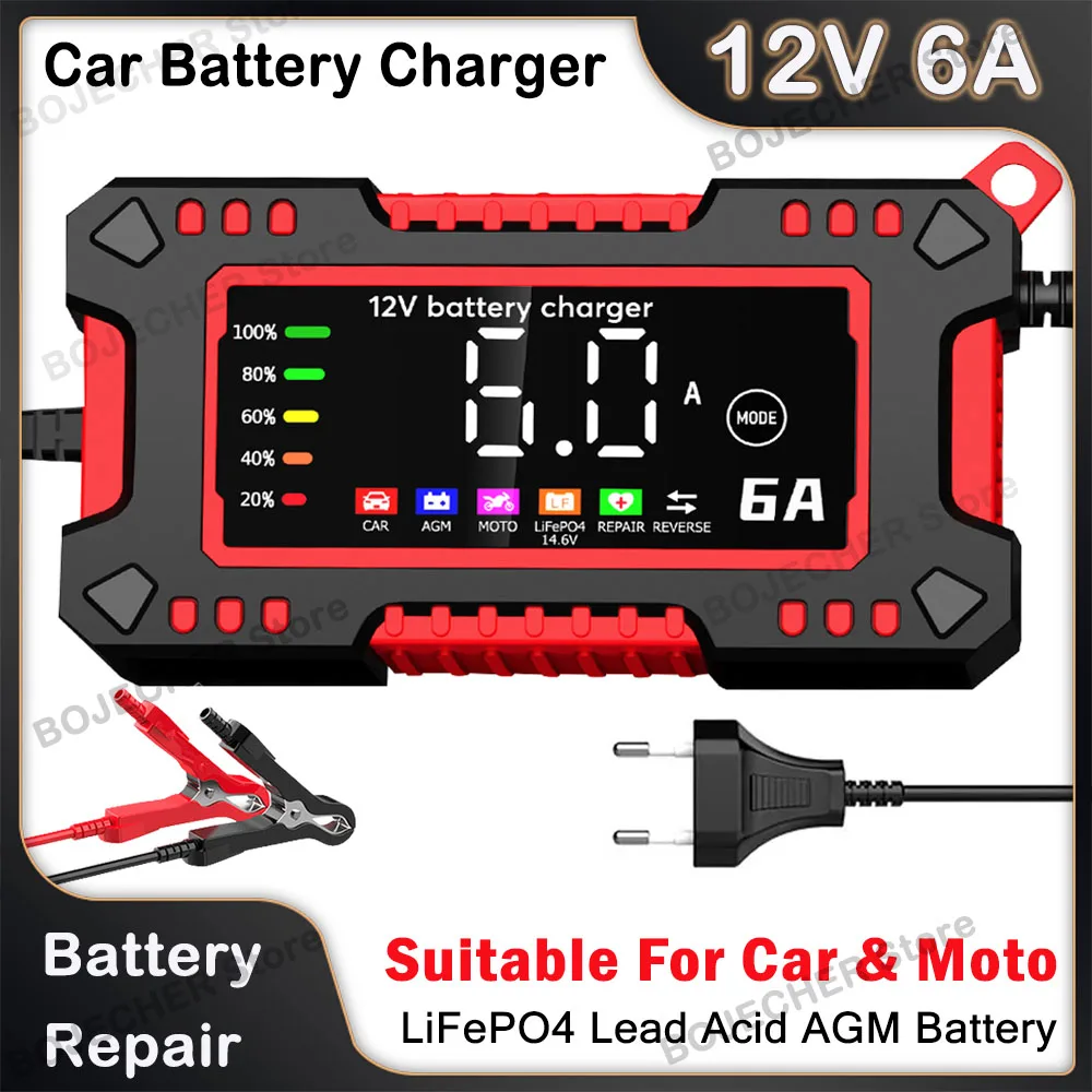 12V 6A Car Battery Charger Digital Display Electric Motorcycles 14.6V 6A Smart Charger For LiFePO4 Lead Acid AGM Battery Repair