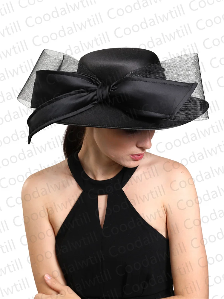 

Women Chruch Satin Fedora Hat Women Elegant Wedding Fascinator Bow Party Chapeau Femme Vintage Chapeu marca de luxo