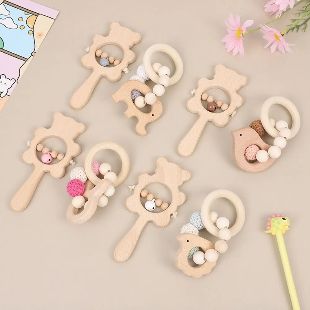 Nette Cartoon Bär Holz Baby Rassel Spielzeug Kaninchen Anti-verloren Handbell Rassel Spielzeug Montessori Einstellbare Holz Ringe Spielzeug Kinder