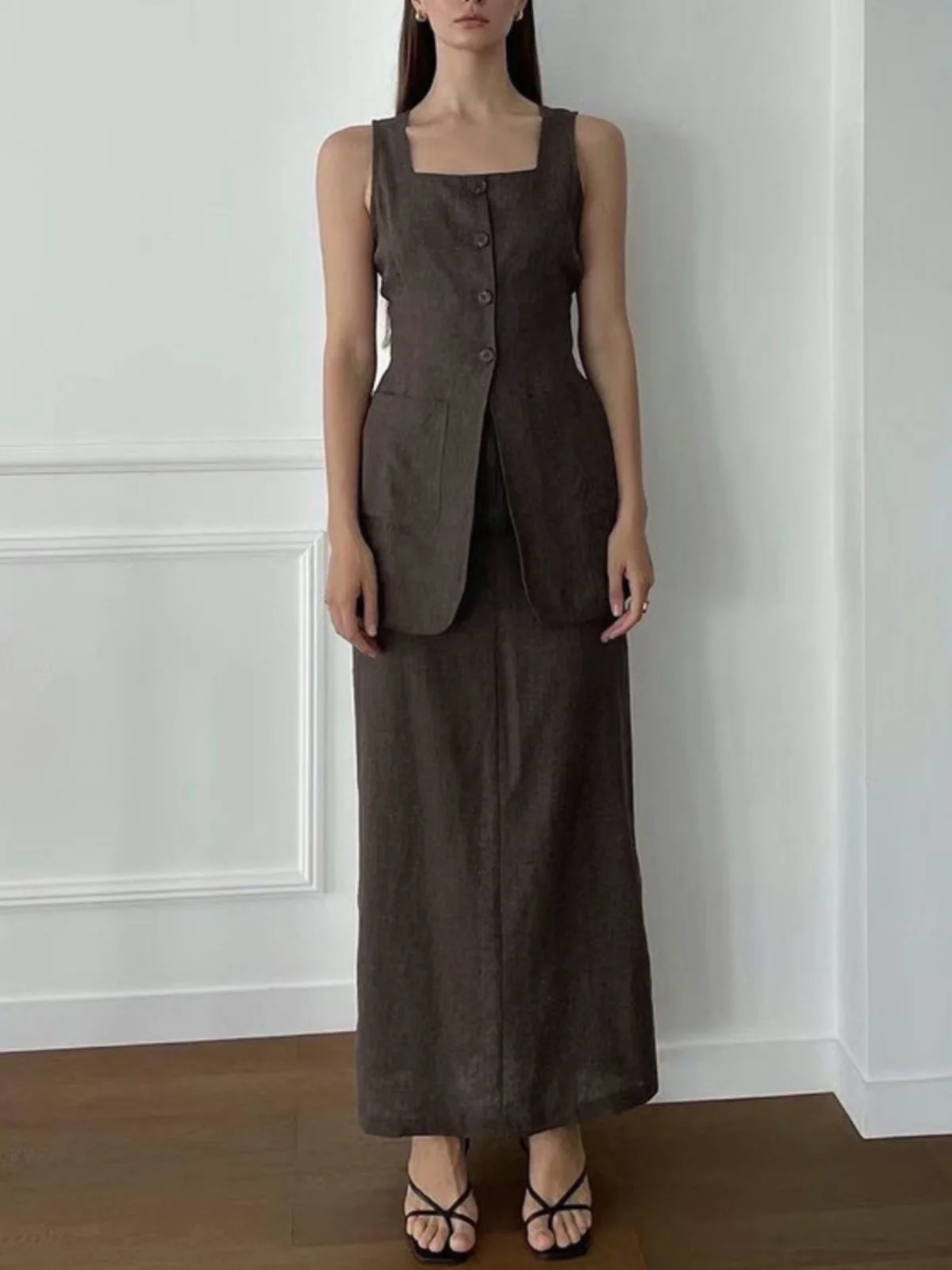 

Женский комплект: топ-жилет и юбка миди, модный летний наряд, полиэстер, без фирменного знака