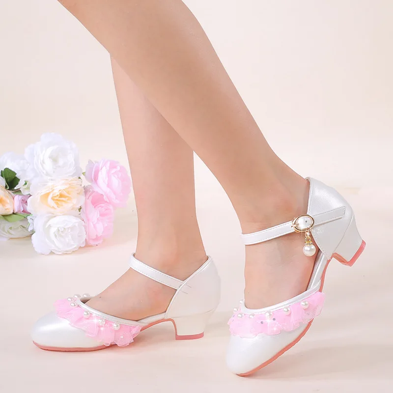 Spring Summer Girl Princess Shoes Pearl Bowknot Children Party Wedding Dress Sandals Fashion Causal Kids Performance High-heel