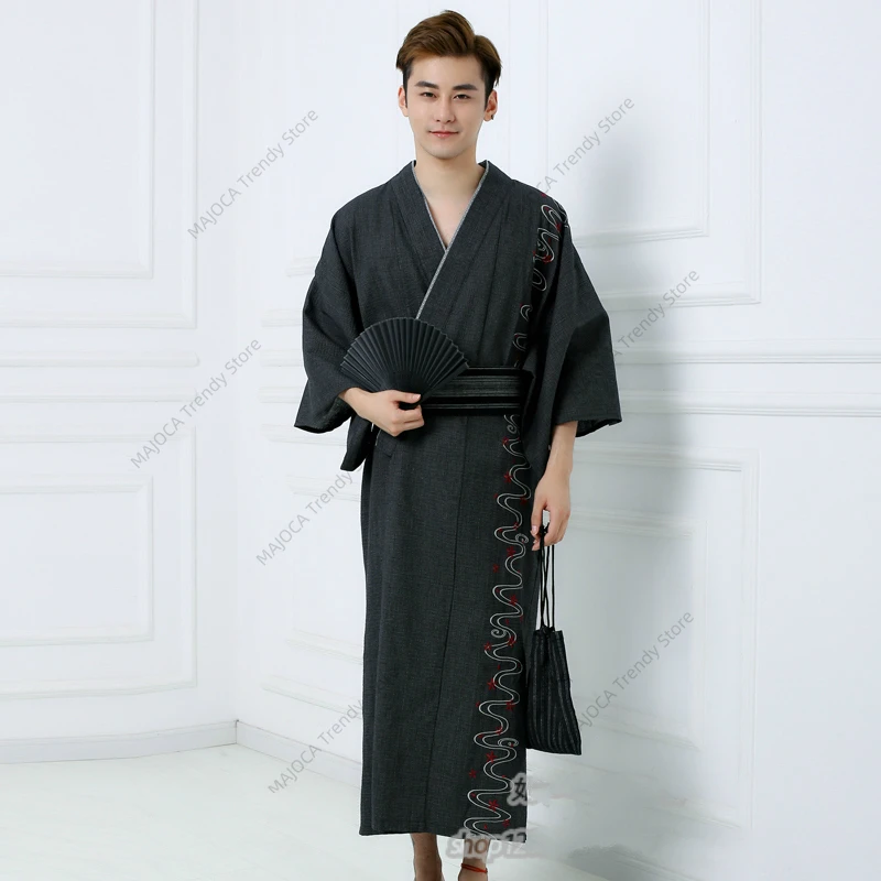 Yukata Men High Quality Japan Style Traditional Pajamas Homme Samurai Kimono Asian Clothes Homewear Robe Obi Long Kimonos Yukata