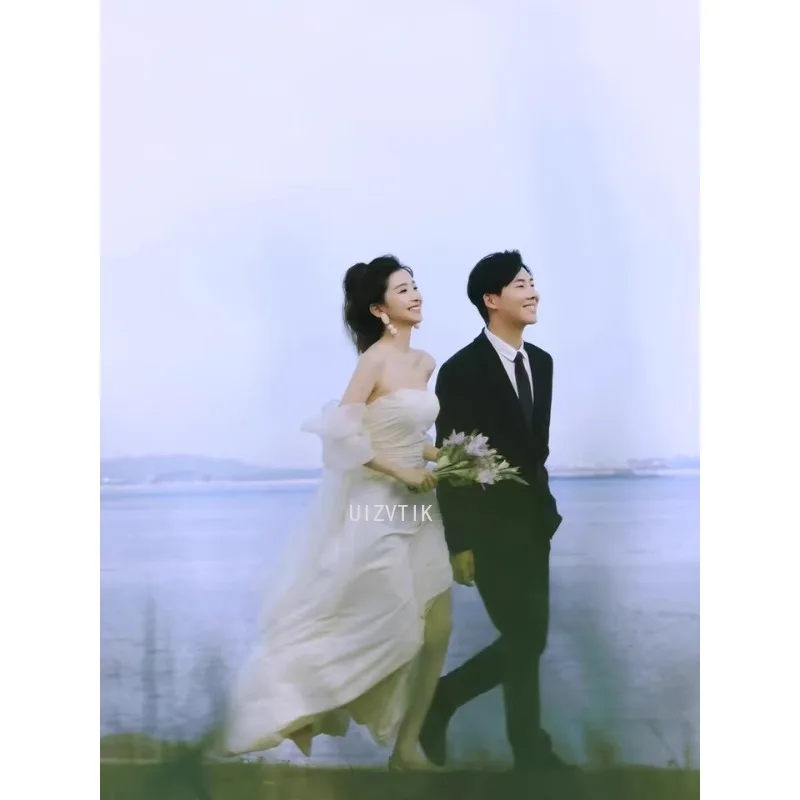 Корейские простые свадебные платья без бретелек с открытыми плечами, платья для фотосессии, свадебные платья, длинное вечернее платье цвета слоновой кости по индивидуальному заказу 2025