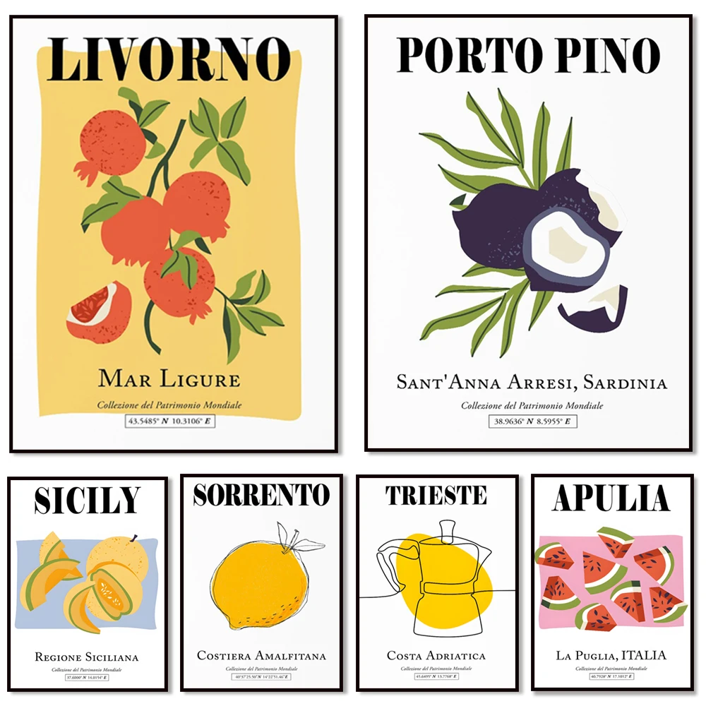 Sicilia, Porto Pino, Sardegna, Trieste, Friuli Venezia Giulia, frutta estetica italiana, poster boho linea silhouette caffettiera