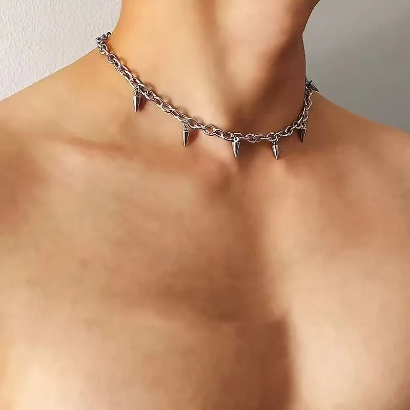 Men Punk Style Rivet Tassel Necklace Hip Hop Women Fashion Geometric Titanium Steel Chain Necklace image 2