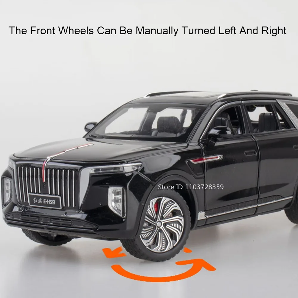 1:24 Scale HONGQI E-HS9 Toy Car Models Alloy Diecast 70TH Anniversary Vehicles Sound Light Doors Opened Pull Back for Kids Gifts