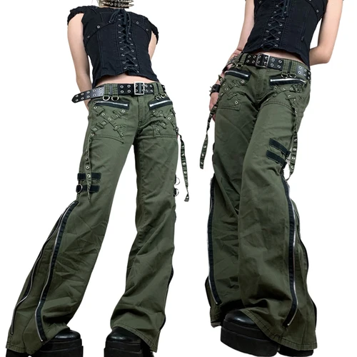 Imagen 2 del producto Pantalones vaqueros holgados góticos para mujer, pantalones largos de rayas abotonadas con correa de cintura alta Y2K, ropa de calle Grunge Harajuku, e-girls