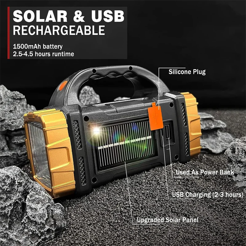 Solar Flashlight High Lumens Rechargeable Outdoor Waterproof Spotlight LED Work Light Searchlight Lantern for Camping Emergency