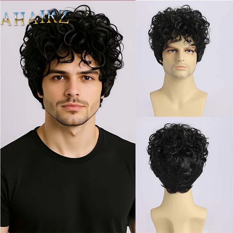 

Synthetic Short Curly Pixie Cut Black Layered Wig with Bangs for Men Daily Party Cosplay Fake Hair Heat Resistant
