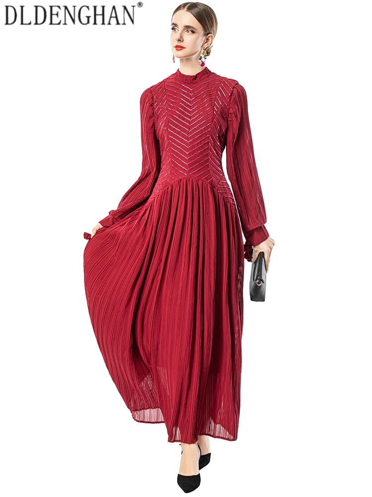 

DLDENGHAN Red Maxi Dress Women's Stand Collar Lace-Up Lantern Sleeve Vintage Pleated Beading Fashion Autumn Female