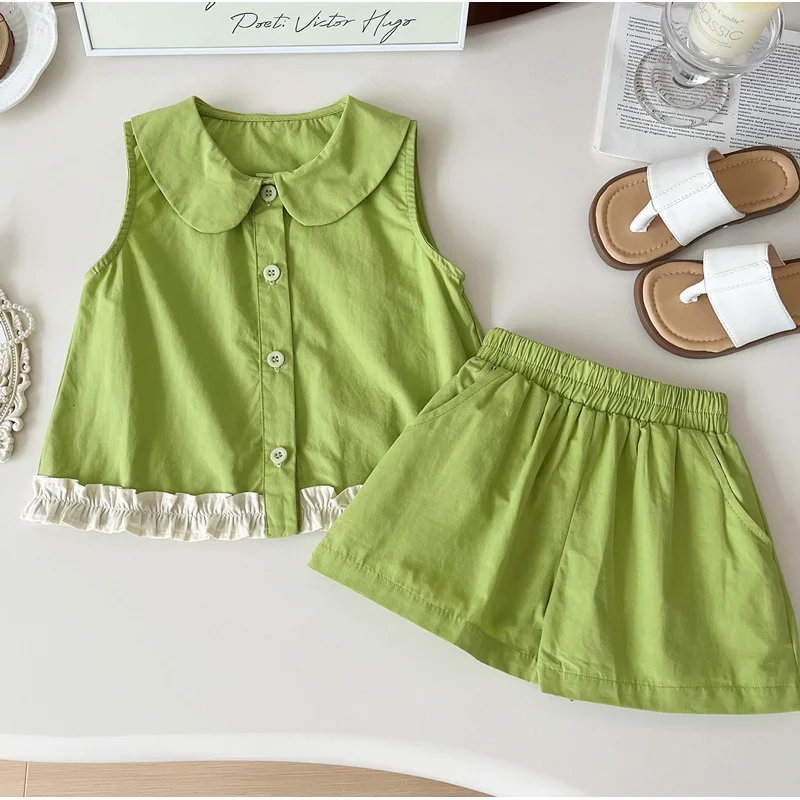 

Girls' New Chinese Sleeveless Suit Summer Thin2024New Children National Style Cotton Vest Two-Piece Set