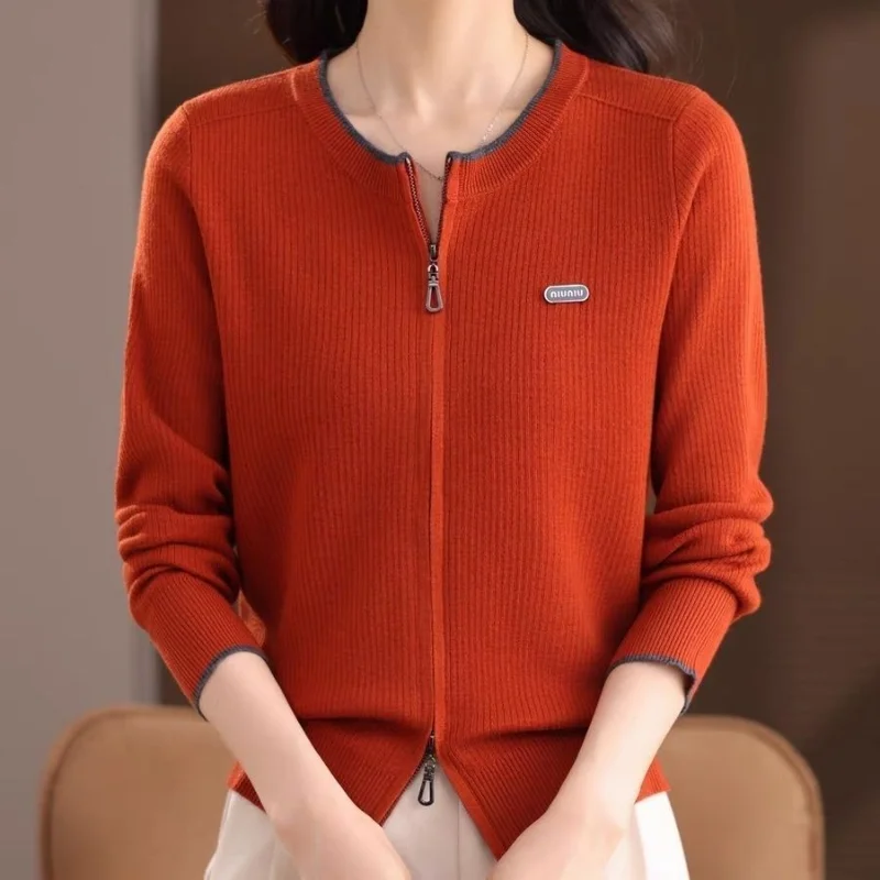 2025 Spring Autumn Mom Sweater Thin Jacket Zipper Wool Round Collar Top Short Wool Knit Cardigan