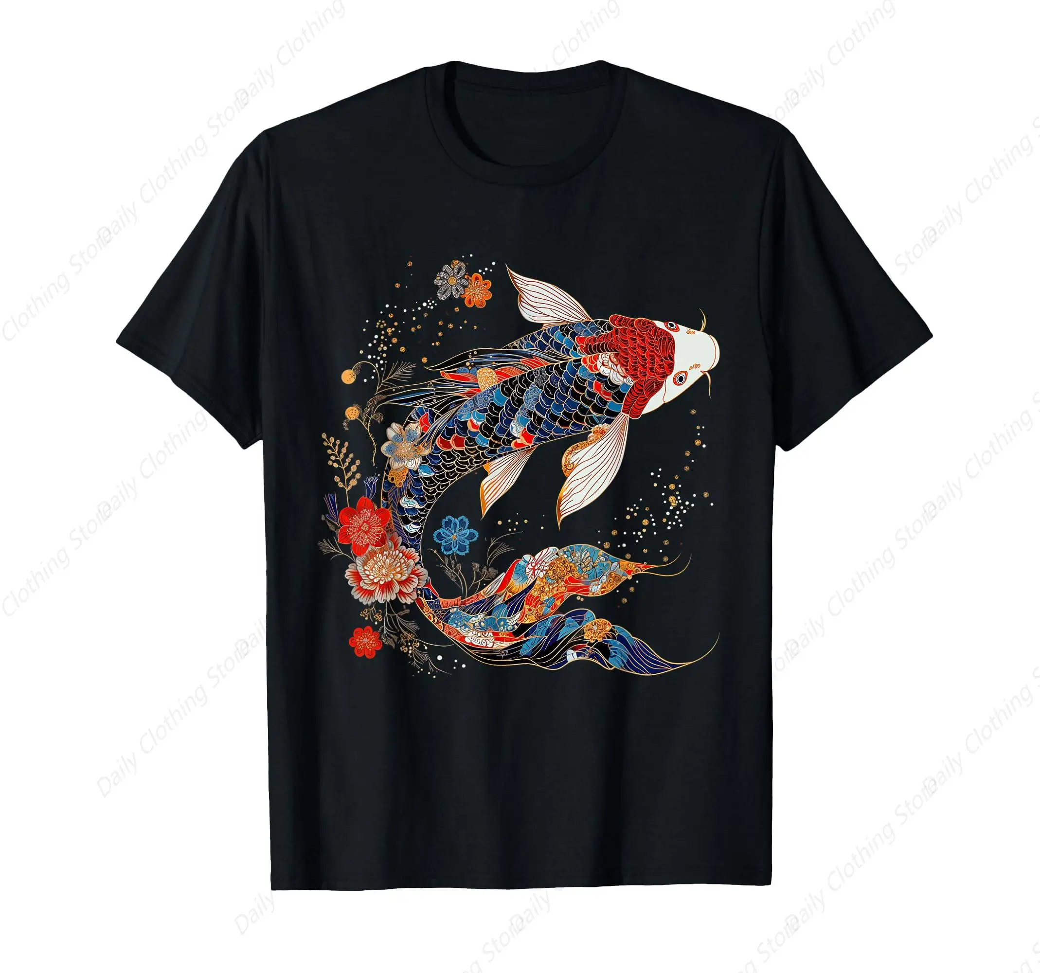 Fish Vintage Flower Pattern Japanese Art Floral Koi Carp T-Shirt Sport Tops Gifts Leisure Funny Graphic Short Sleeve Daily Tee