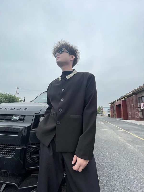 

TANGZ Studio Luxury Lightweight Diamond-Encrusted oulder Pad round Ne Men's Suit Jaet Ele Silhouette Casual Coat