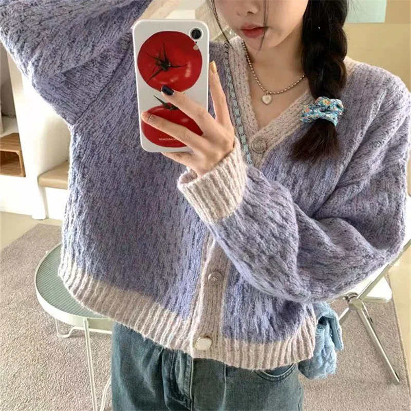 Purple Patchwork Knitted Cardigan Women Korean Fashion Spring Autumn Warm Soft V-neck Sweater Versatile Loose Knitting Jackets