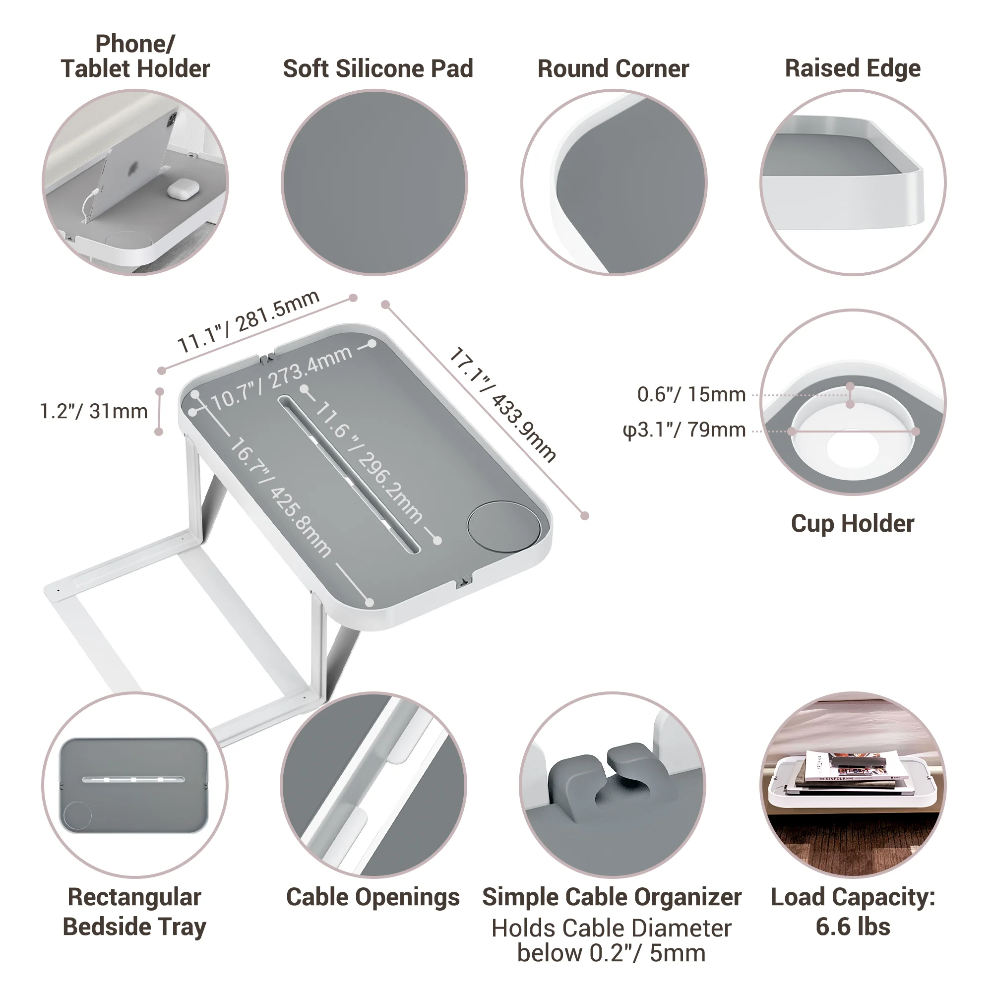 Prateleira de cabeceira portátil para cama, Metal Nightstand, bandeja para plataforma, suporte de copo, organizador de cabo