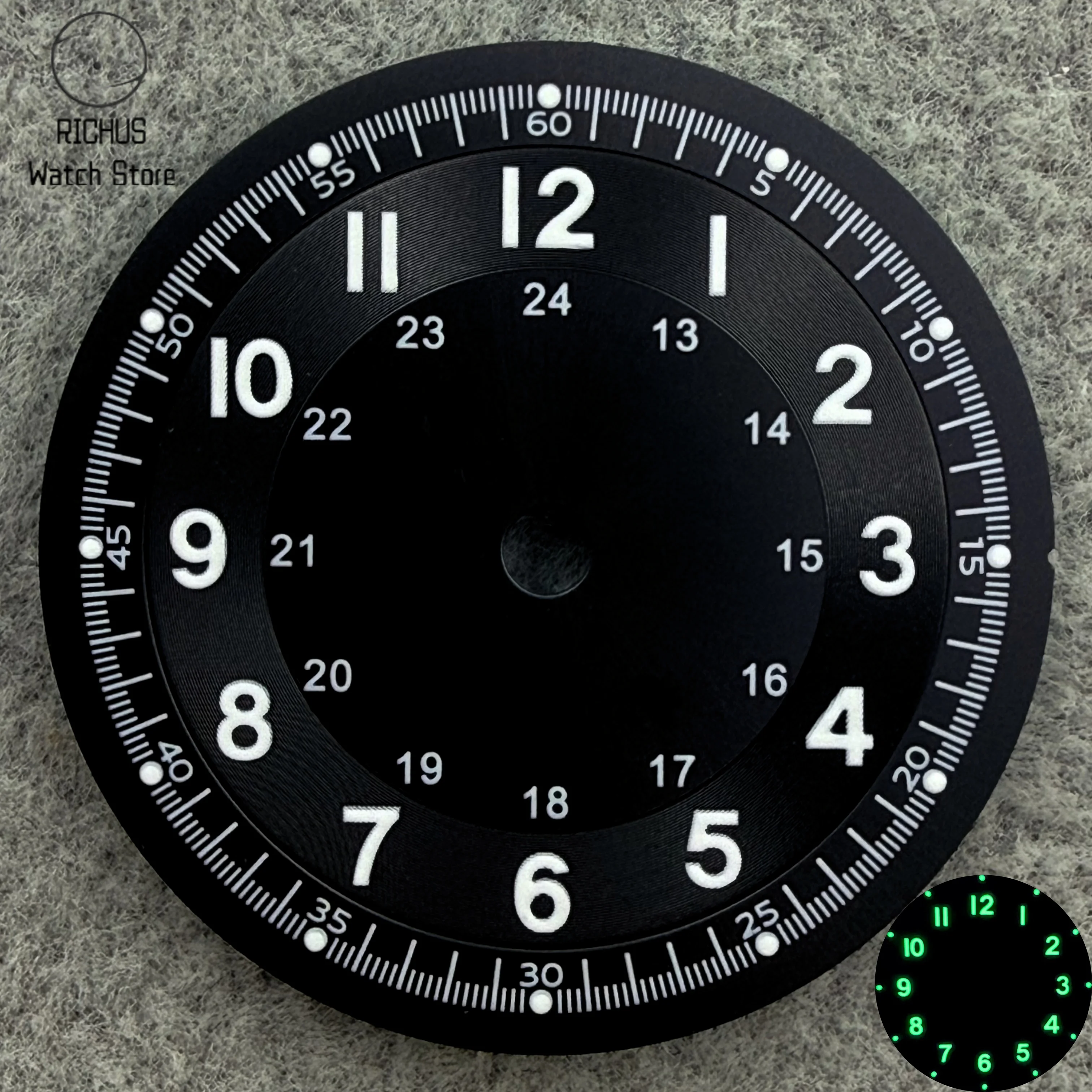 29mm Watch Dial Green Luminous 24 Hour Arabic Numeral Fit NH35 NH36 ETA2824 2836 PT5000 Miyota 8205 8215 821A Automatic Movement