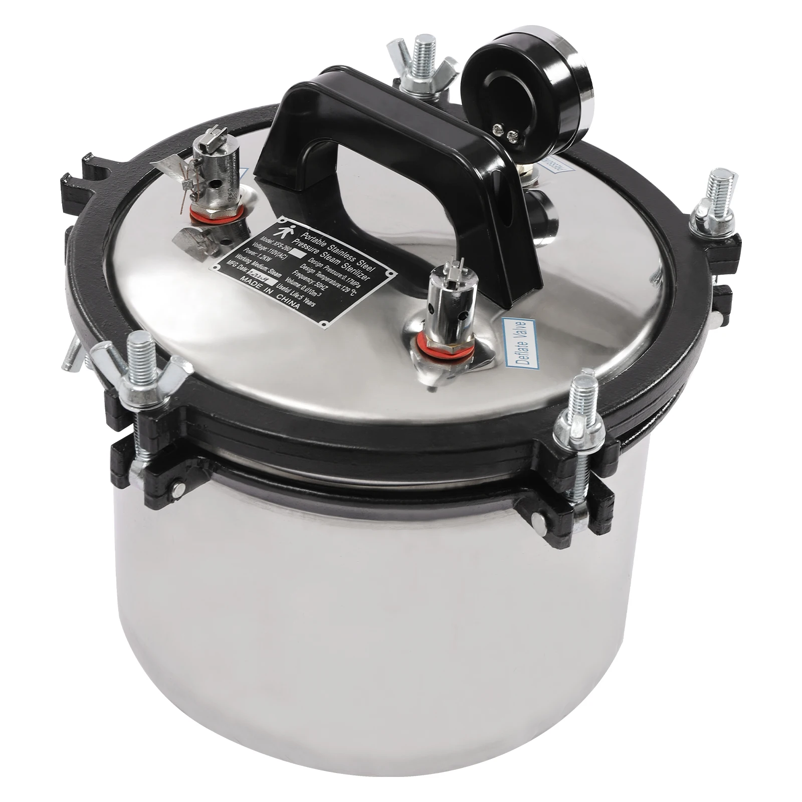 8L Portable Lab Steam Autoclave 110V 1.2KW Silver 304 Stainless Steel High Temperature Sterilizer Max 128℃ Pressure Steam Sterilization Machine For Lab Glassware Culture Medium Tattoo Nail Salon Instruments Disinfection