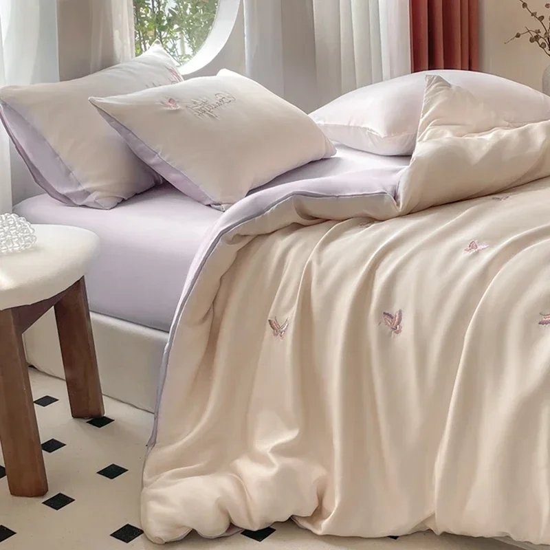 Summer Rayon Silk Bedding Sets Satin Smooth Duvet Cover Pillowcase Fitted Sheet Queen/king Bed Super Soft Breathable Bedclothes
