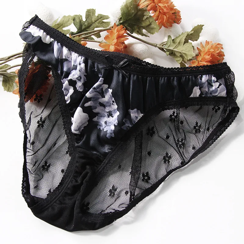 Ptaszek 100% jedwab kobiet majtki koronkowe seksowne beriefy bielizna niska bielizna Calcinha Brief Culotte nowa czarna P37630QC