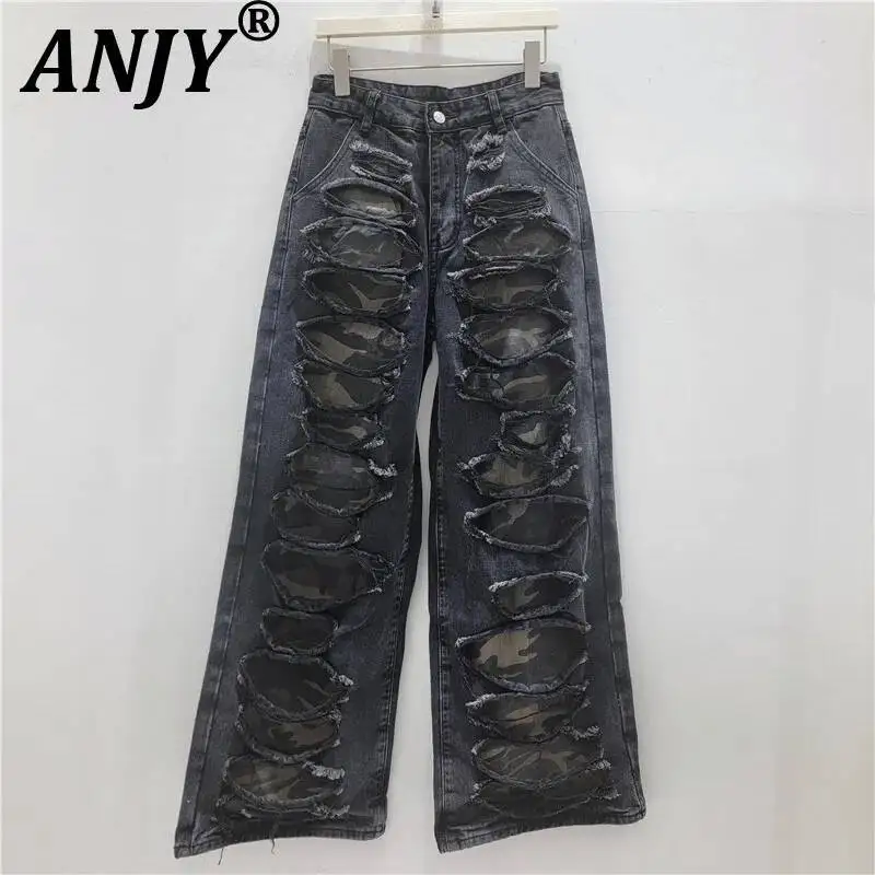 

ANJY Spring Autumn New Women American Style Retro Ripped Design Jeans Washed High Street Wide Leg Distressed Denim Pants A25202