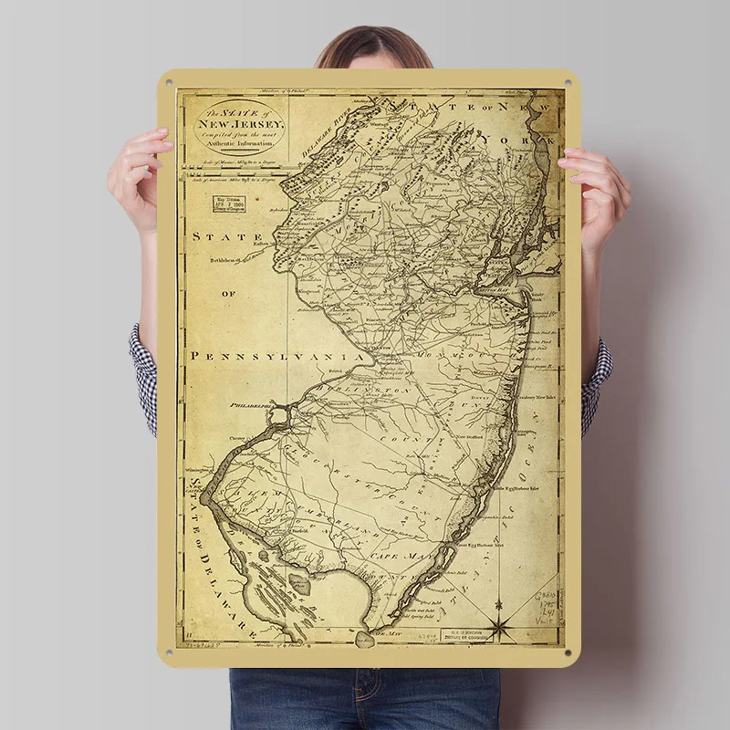 New Jersey Map 1795 Tin Poster Customized Retro Wall Art Vintage Metal Signs for Room Man Cave Bedroom Decorations Desk Decor