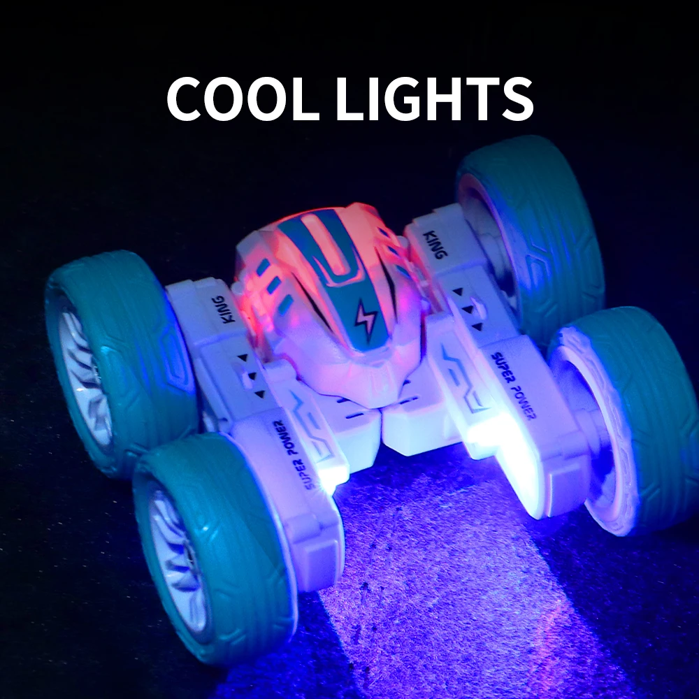 1 PC 2.4G deformed flower double-sided tumbling stunt remote control car 360°rotating LED light children\'s toy car birthday gift