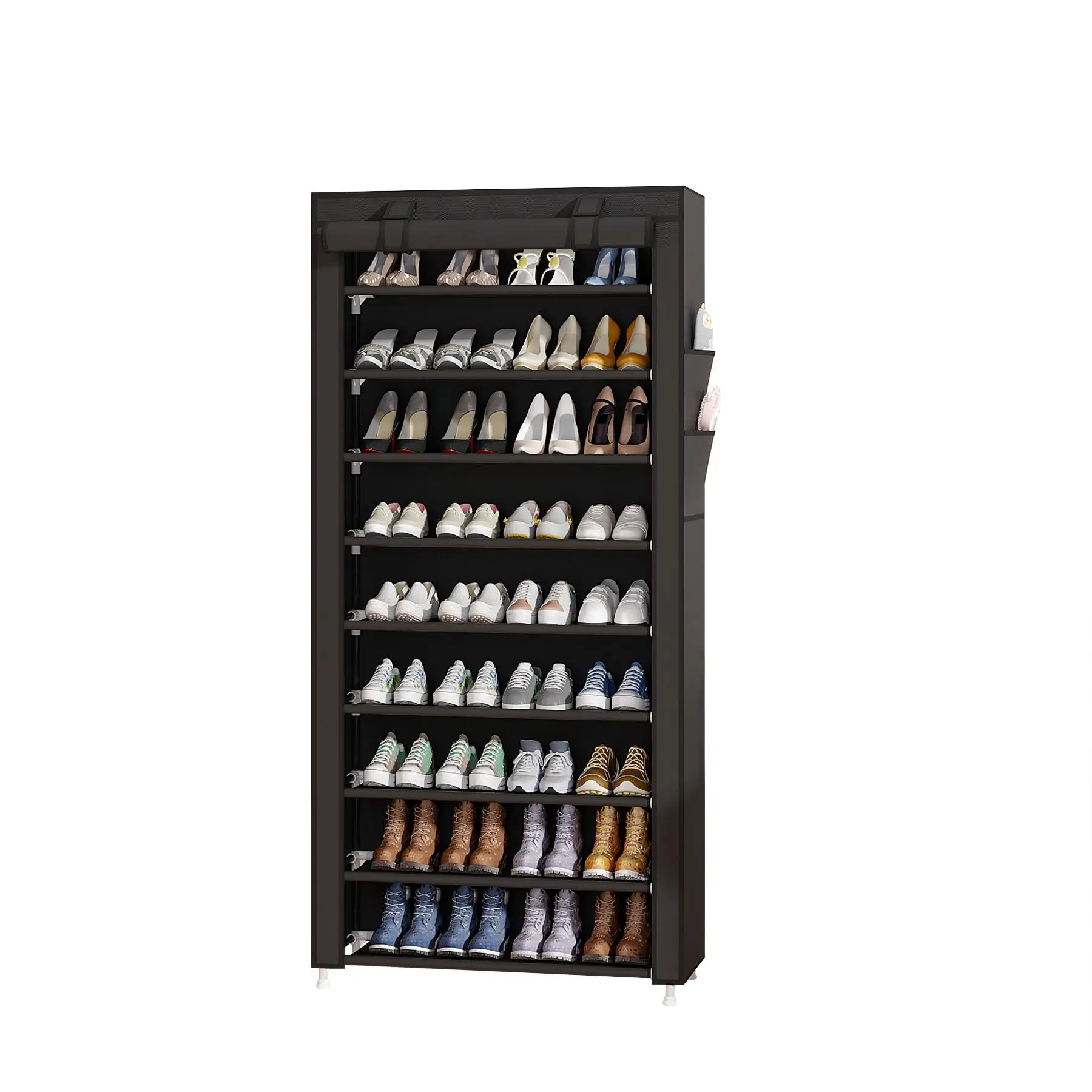 10 Tier Shoe Rack Organizer Large Capacity 9 Shelves Portable Shoe Storage Cabinet with Dustproof Cover Space Saving Closet Shelf Holder Stand Multi-layer Furniture for Home Entryway Easy Assembly