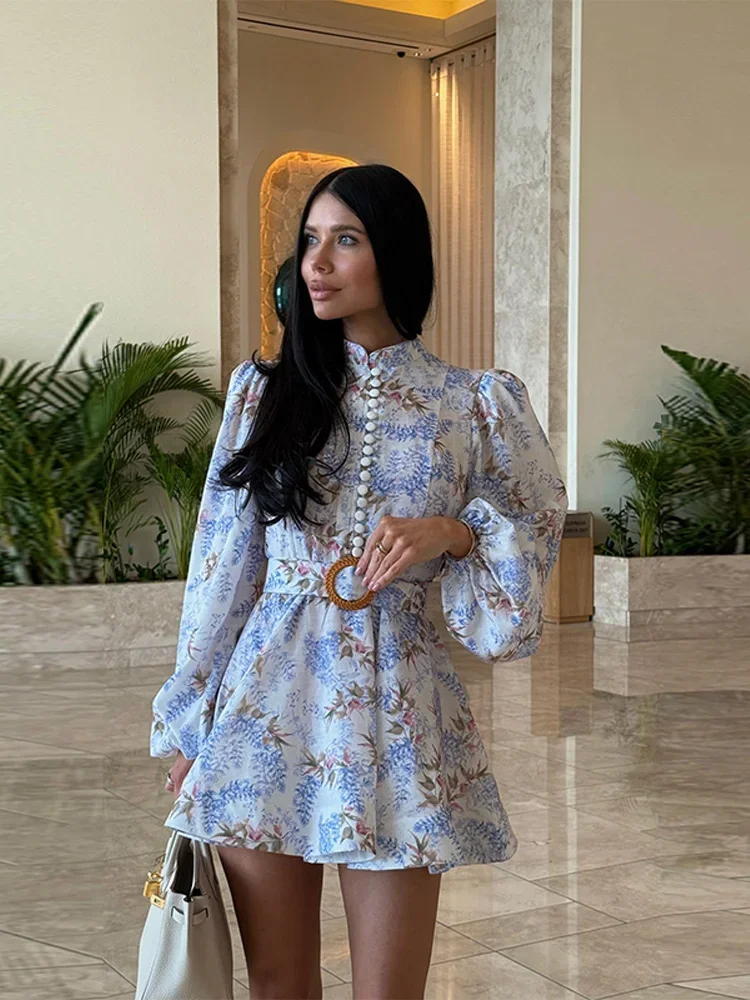 Elegant Women's Printed Dress Long Sleeve O-Neck Button Lady Dresses With Belt 2025 Summer Fashion Female Vestidos Party