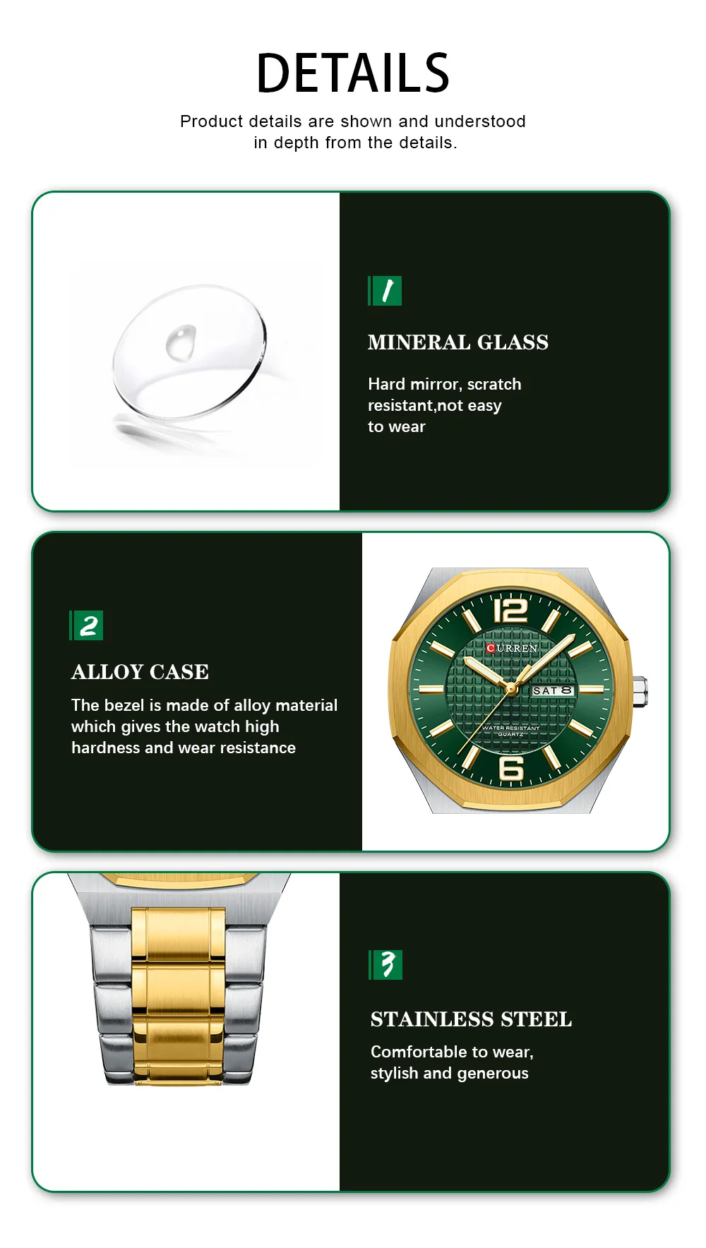 CURREN Herren-Businessuhr Quarz mit Tages- und Datumsanzeige, Edelstahlarmband, schlanke Armbanduhr für Männer, Leuchtzeiger – Detail 7