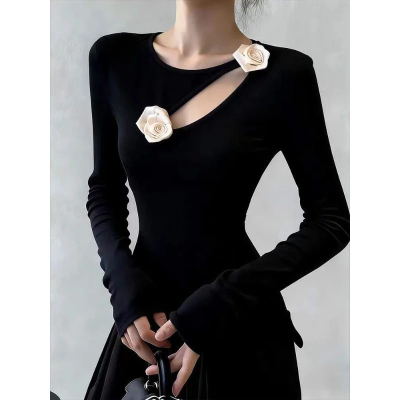 

Spring Retro Irregular Hollow Modal Bottoming Shirt Women's Inner High-end Three-dimensional Flower Long-sleeved Top