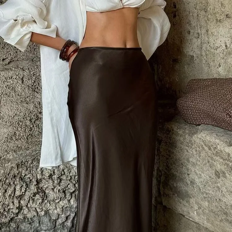Elegant Simple High Waist Satin Fish Tail Skirt Bodycon Midi Skirt Commute Style Long Pure Color Skirt Other Material